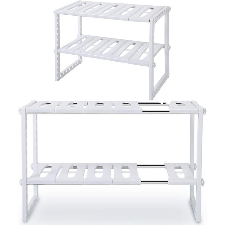 Organizador adaptable de dos niveles para bajo lavaplatos