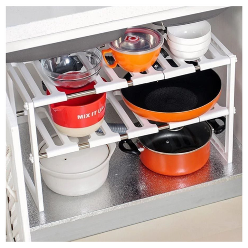 Organizador adaptable de dos niveles para bajo lavaplatos